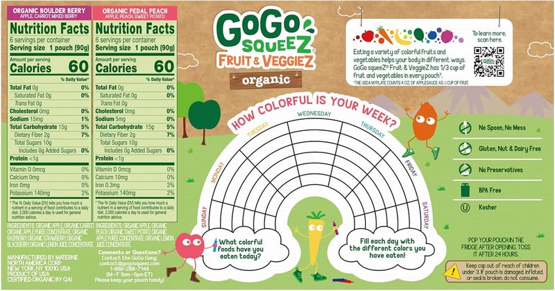 GoGo squeeZ Organic Fruit & VeggieZ Applesauce and Puree Variety Pack - Pedal Peach & Boulder Berry, 12 Pouches of 3.2 oz Each - Image 2